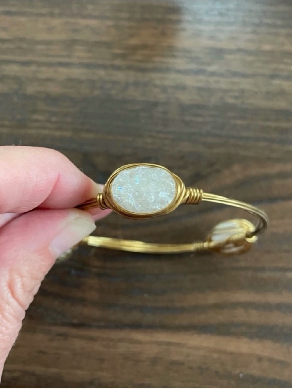 Gold Wire Bangle Bracelet with White Druzy Stone